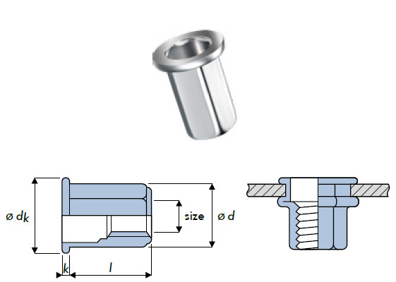 Q-nut Blindnietmutter Stahl Vollsechskant FK M10 offen